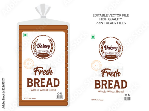 Bread packaging design template, bread and bakery products logo design sticker label design, premium quality bread labels design editable vector print ready template file download photo