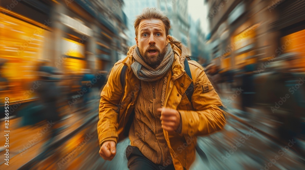 Dynamic motion blur of a man with a beard running urgently through a busy city street in winter