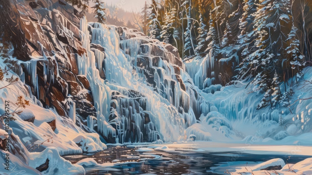A breathtaking winter scene of a frozen waterfall surrounded by snow-covered trees, capturing the serene beauty of nature in the coldest season. A breathtaking winter scene of a frozen waterfall surrounded by snow-covered trees, capturing the serene beauty of nature in the coldest season.