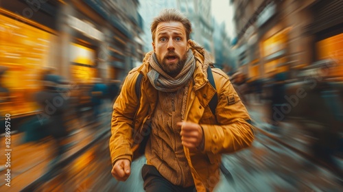 Dynamic motion blur of a man with a beard running urgently through a busy city street in winter