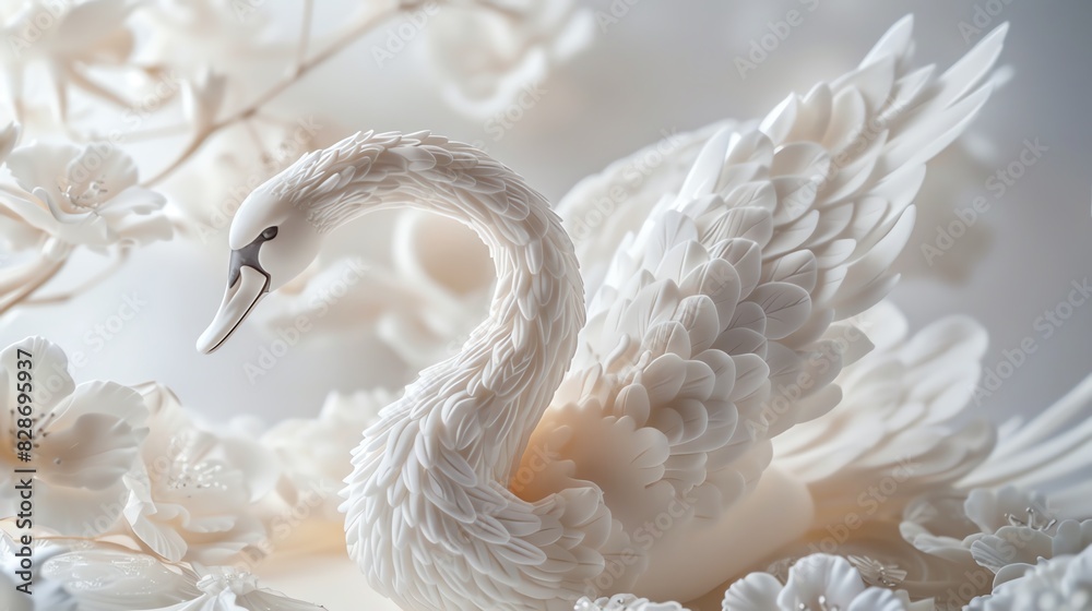 Obraz premium A graceful white swan with delicate feathers and a long neck, surrounded by white flowers, creates a serene and elegant composition.