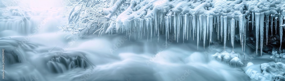 Winter scene of a frozen waterfall with icicles and flowing water. A tranquil and serene wintry landscape captured in nature.
