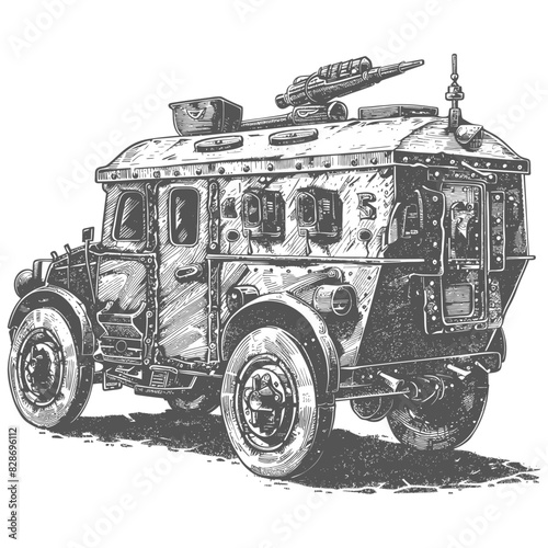 armored vehicle with old engraving style