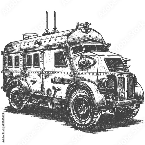 armored vehicle with old engraving style