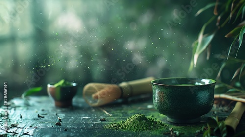 A steaming cup of green tea rests on a rustic table, surrounded by matcha powder and bamboo. Soft light filters through the leaves, creating a tranquil scene. photo