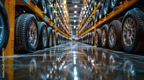 A perspective shot of a long warehouse aisle neatly stacked with a variety of car tires, showcasing depth and symmetry