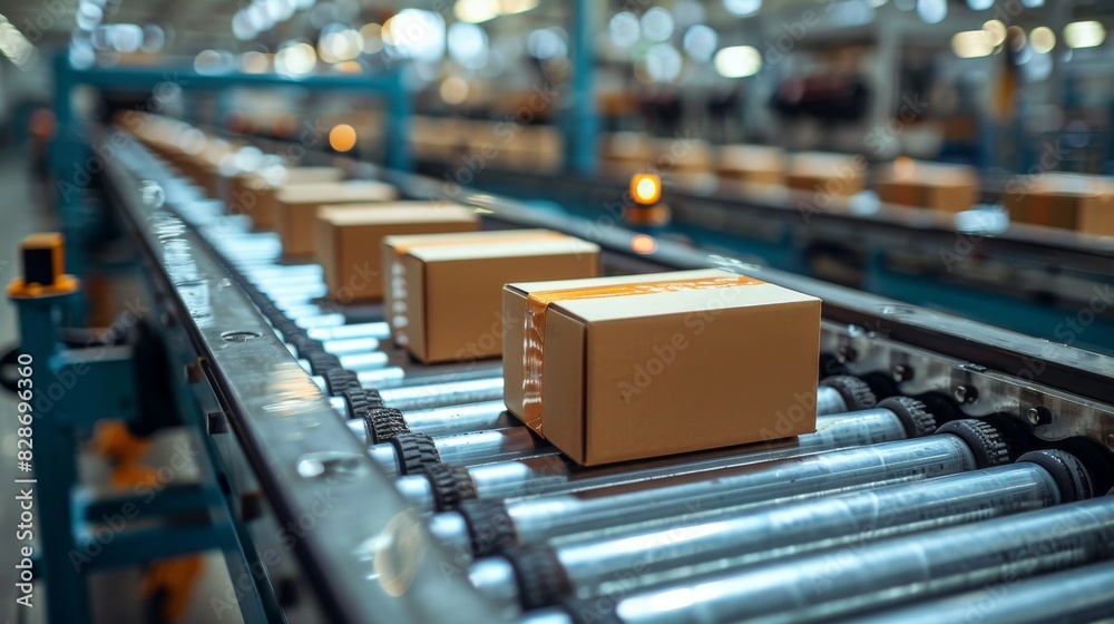 A conveyor belt transports cardboard boxes through a factory, indicating logistics and distribution