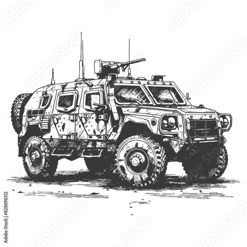 armored vehicle with old engraving style