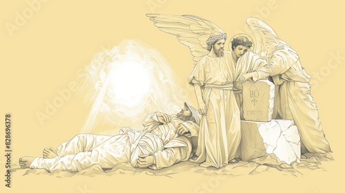 Stone Rolled Away from Jesus' Tomb by Angel, Soldiers Sleeping, Dawn Breaking, Biblical Illustration, Beige Background, Copyspace