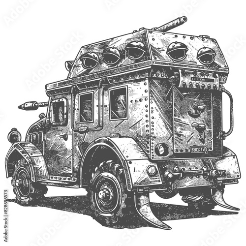armored vehicle with old engraving style