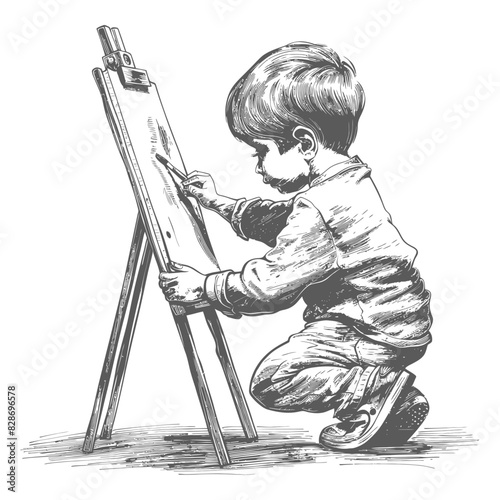 artist boy painting in action with old engraving style