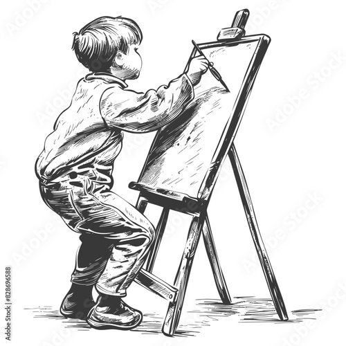 artist boy painting in action with old engraving style