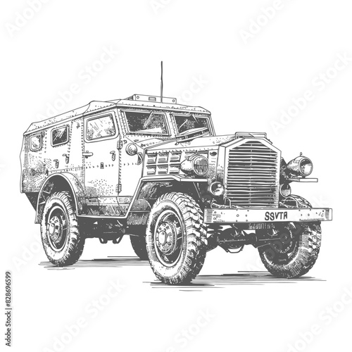 armored vehicle with old engraving style
