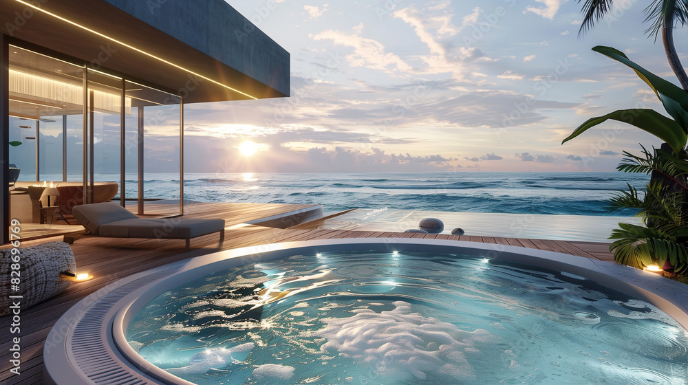 Fototapeta premium Luxurious Modern Beach House with Ocean View at Sunset