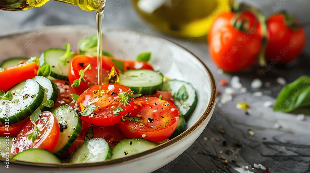 Fresh tomato and cucumber salad with olive oil being drizzled on top. Fresh tomato and cucumber salad with olive oil being drizzled on top.