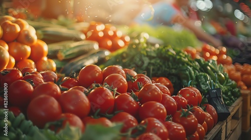 Fresh, ripe tomatoes displayed at a vibrant outdoor market, bathed in warm sunlight. photo