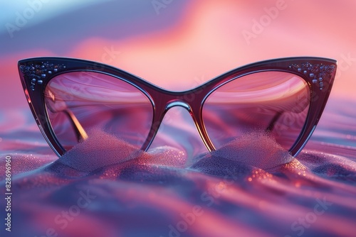 Futuristic CatEye Sunglasses Melt into Minimalist Surreal Beach Landscape photo