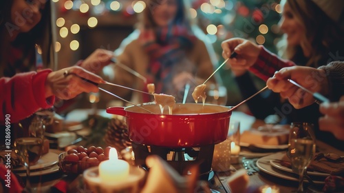 Friends enjoying a festive fondue dinner with warm lighting and a cozy atmosphere. photo