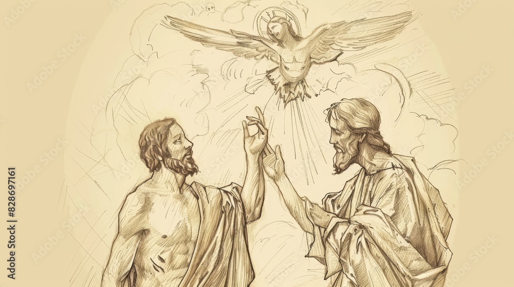 Heavens Opening, Spirit Descending as Dove, Jesus' Baptism, John, Biblical Illustration, Beige Background, Copyspace Heavens Opening, Spirit Descending as Dove, Jesus' Baptism, John, Biblical Illustration, Beige Background, Copyspace