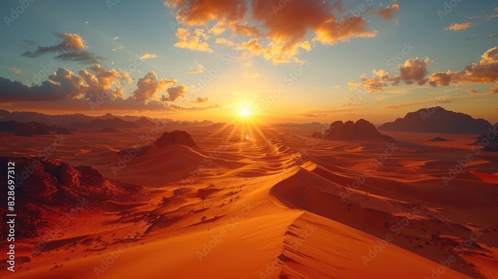 Summer Sun Sets Over Vast Desert Landscape in Dramatic Cinematic Lighting Summer Sun Sets Over Vast Desert Landscape in Dramatic Cinematic Lighting