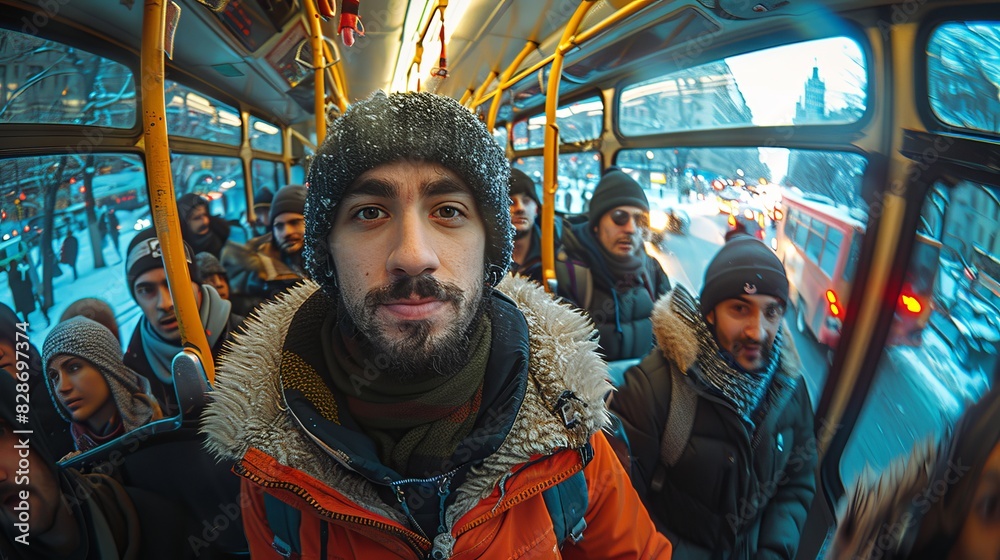 Man in winter attire on a crowded bus, looking at the camera with a neutral expression