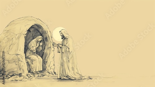 Mary Magdalene Weeps at Tomb, Jesus Appears, Biblical Illustration, Beige Background, Copyspace