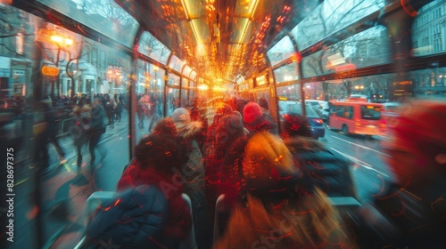 Blurred figures of commuters are captured in a high-speed long-exposure shot inside a brightly lit bus