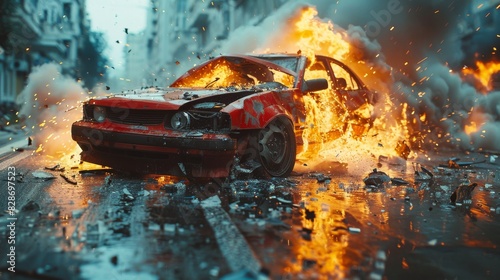 A dramatic capture of a red car engulfed in flames amid an explosion on a city street, evoking a sense of urgency and disaster photo