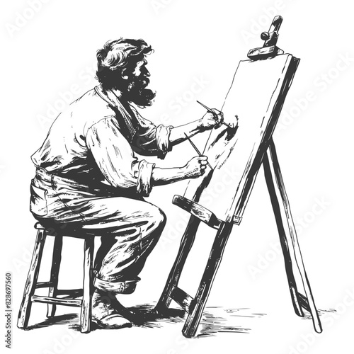 artist painting in action with old engraving style