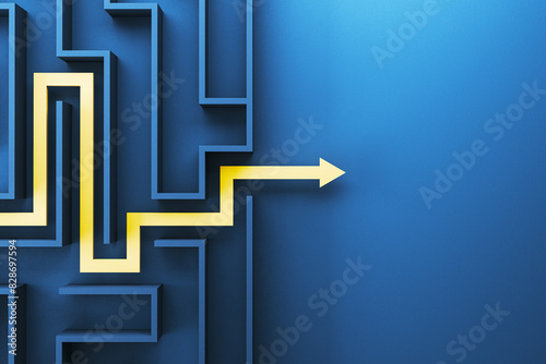 Photos A labyrinth maze with a glowing yellow path on a blue background suggesting a concept of problem solving