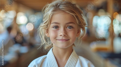 A cheerful young girl with a ponytail wearing a white karate gi in a dojo, exemplifying youth and martial arts training photo