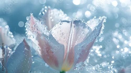 Close-up of a tulip covered in dew, capturing the delicate beauty of nature with water droplets glistening in soft lighting. photo