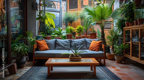 Cozy Balcony Retreat with Lush Greenery and Comfortable Furnishings photo