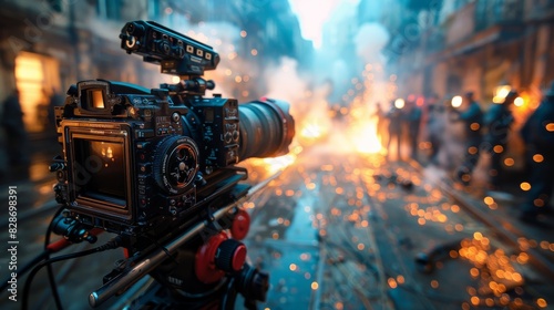 Close-up of a professional cinema camera rigged for filmmaking on a bustling urban set with warm tones and cinematic lighting photo