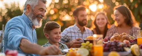 Family reunion dinner at sunset  close up  focus on  bright colors  happy summer feast