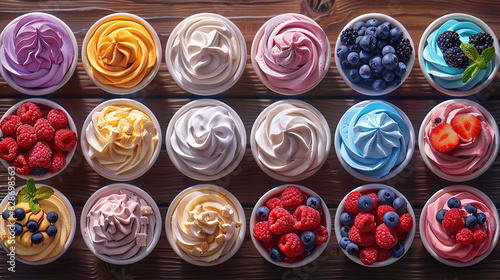 various ice cream top view on wooden desk