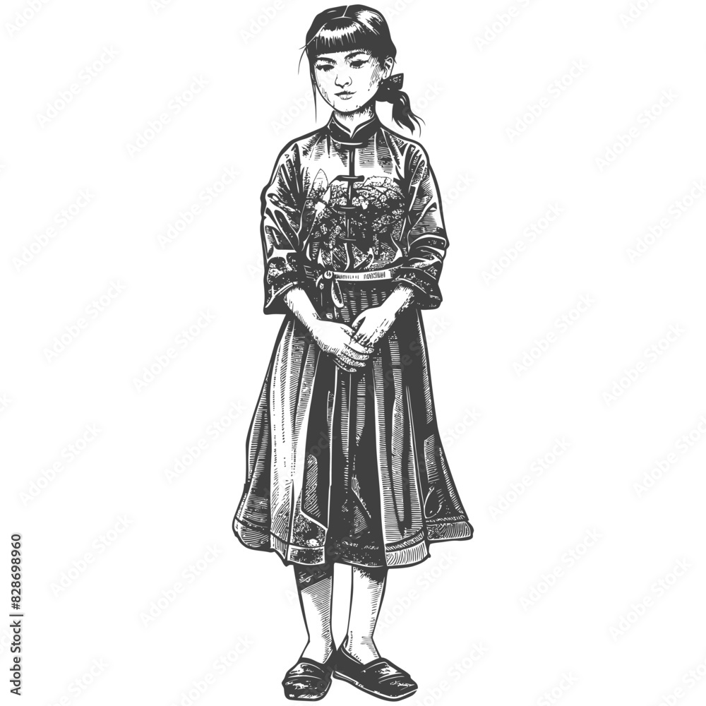 asian girl alone body with old engraving style asian girl alone body with old engraving style