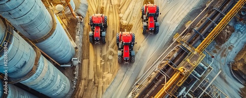 Farmers using GPSguided tractors near a cement plant, top view, technology integration in agriculture, digital tone, vivid photo