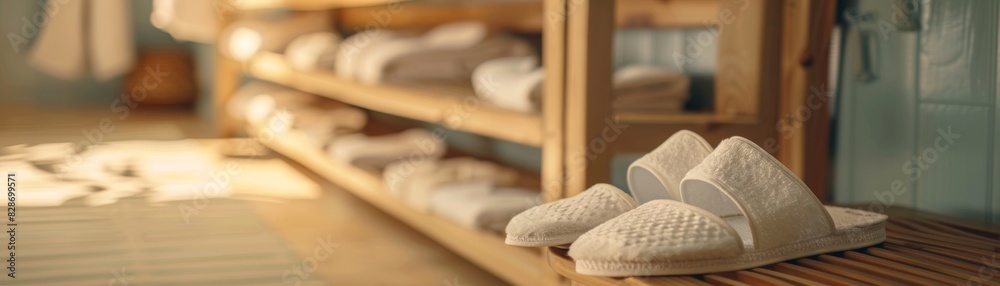 Cozy spa setting with white slippers on wooden shelf, soft lighting, serene atmosphere, and neatly stacked towels in the background. Cozy spa setting with white slippers on wooden shelf, soft lighting, serene atmosphere, and neatly stacked towels in the background.