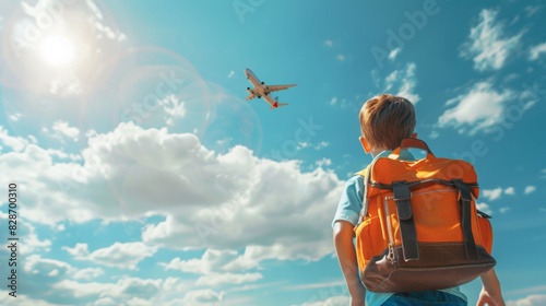 Silhouette of Schoolchild with Dream of Becoming an Astronaut, Graduation Season 4K Wallpaper. Childhood Aspiration and Blue Sky with Flying Airplane.