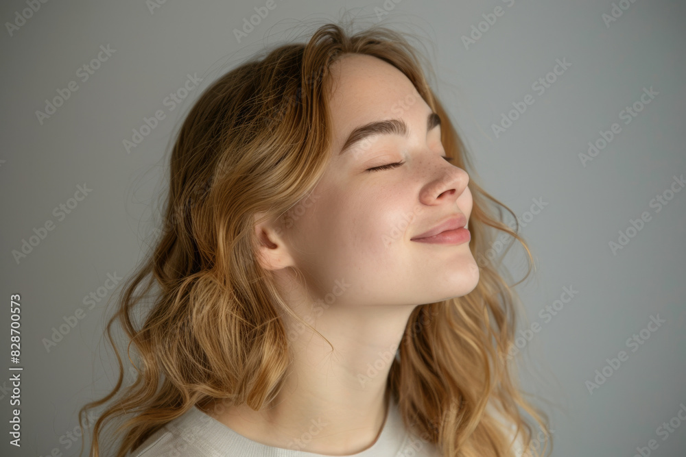 A close up of a woman's face with her eyes closed looking to a side