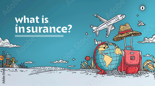 Curious journey into insurance explained through travel-themed artwork. Bright and colorful travel illustration featuring a globe, suitcase, airplane, and vacation 