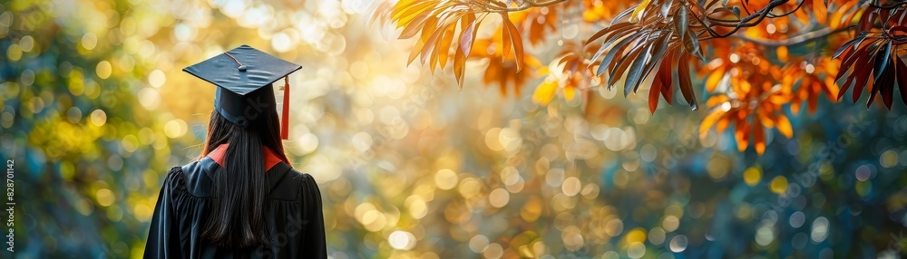 Graduate in cap and gown looks forward toward a bright, colorful autumn landscape, symbolizing a new beginning after completing education. Graduate in cap and gown looks forward toward a bright, colorful autumn landscape, symbolizing a new beginning after completing education.