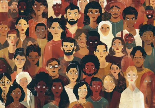 A diverse crowd of people from different ethnicities and ages were depicted in a vector illustration with flat design. photo