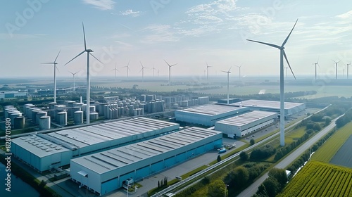 Wallpaper Mural Farming and industrial complex with wind turbines in the background, top view, sustainable practices in both sectors, advanced tone, vivid Torontodigital.ca