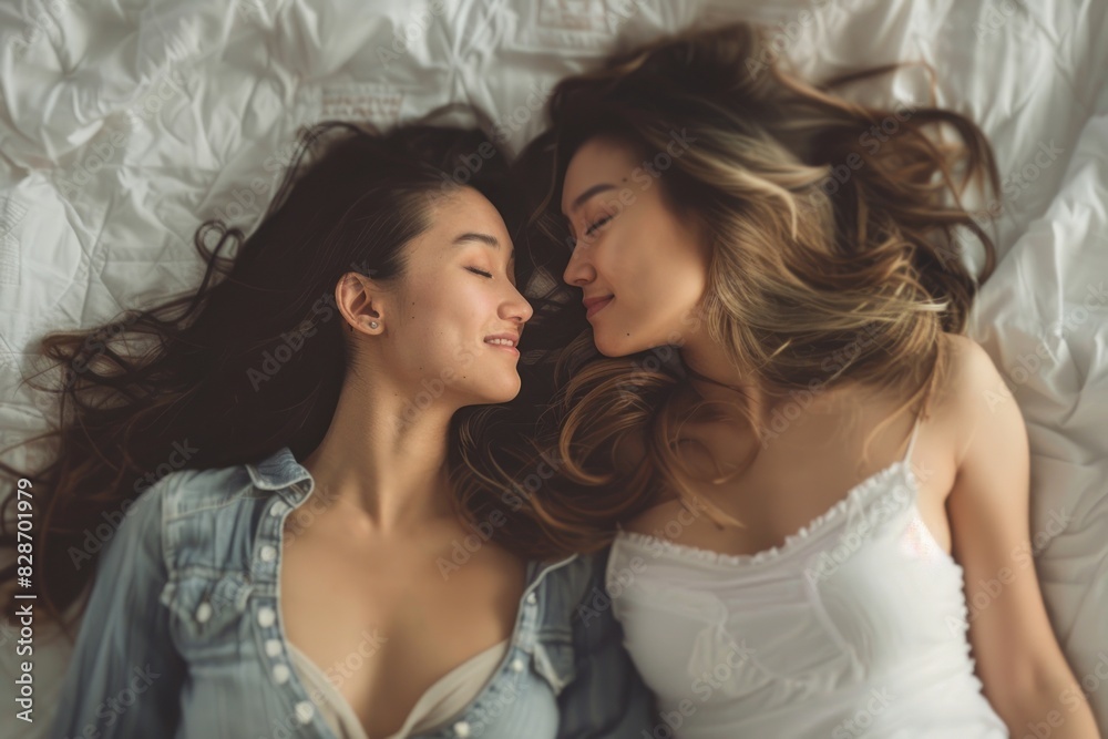 Happy Asian lesbian couple lying on the bed in the bedroom. Happy Asian lesbian couple lying on the bed in the bedroom.