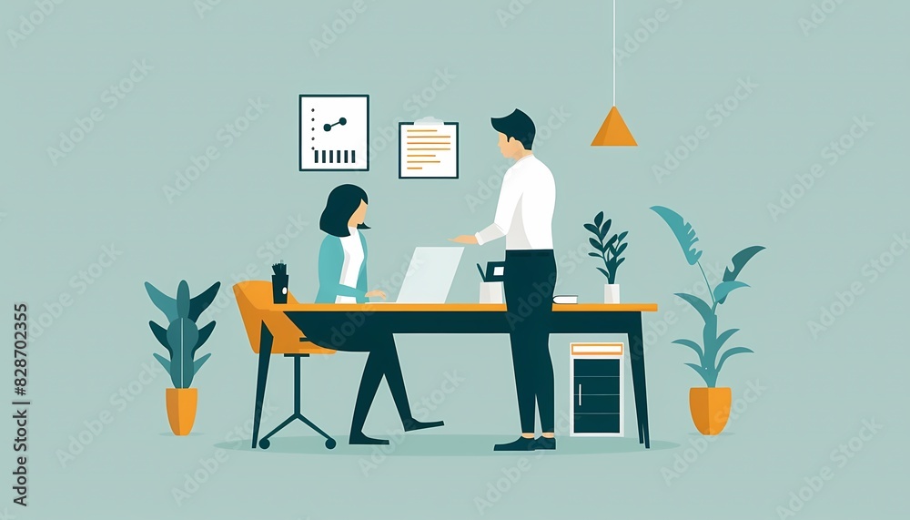 Picture a flat design of an HR manager resolving a workplace conflict Picture a flat design of an HR manager resolving a workplace conflict