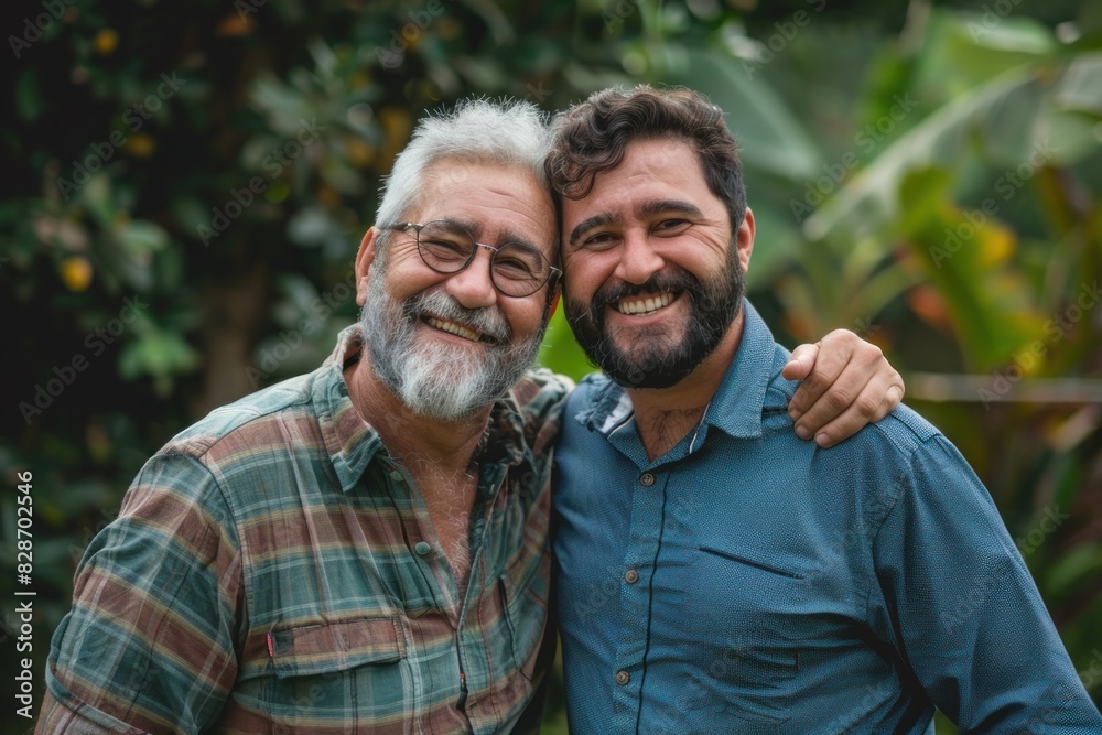 Portrait of happy senior father and adult son hugging in garden.