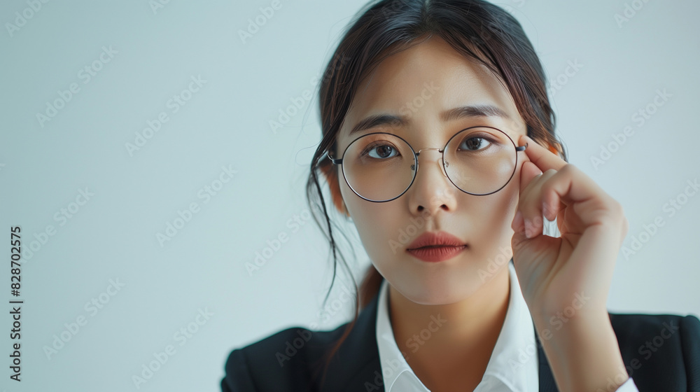 Chinese Businesswoman Adjusting Glasses in Formal Attire Chinese Businesswoman Adjusting Glasses in Formal Attire