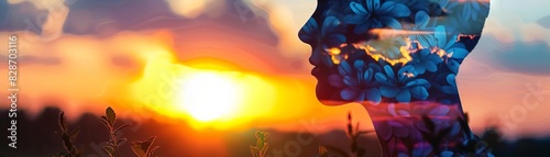 Healthy mindfulness at sunset  close up  focus on  vivid colors  double exposure silhouette with peaceful mind